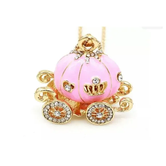 Enamel Crystal Cinderella Pumpkin Carriage Pendant Chain Necklace - Picture 1 of 3